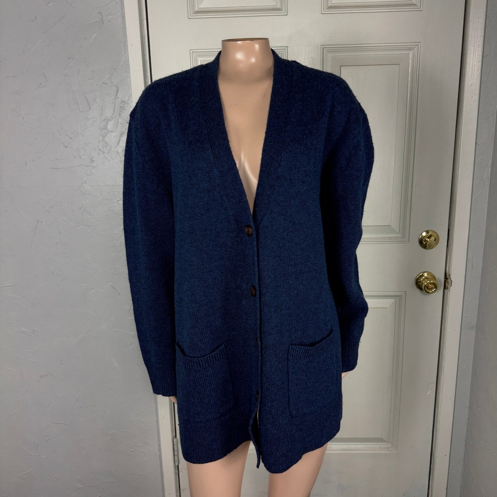 Pendleton Women's Sweater L Shetland Wool Cardigan Button Knit navy Pockets L30